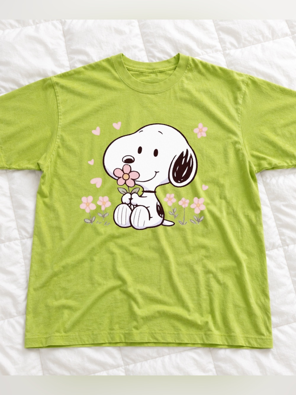 Gildan Lime Green Snoopy Floral Graphic Tee, Vintage Peanuts T-Shirt